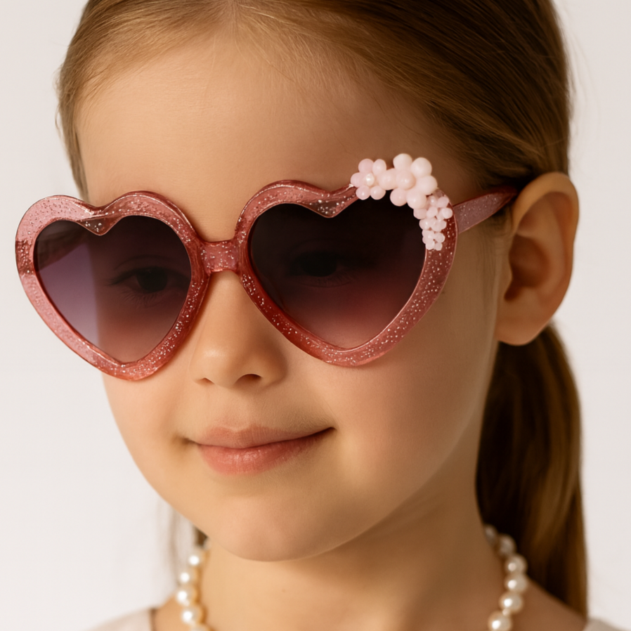 Heart-shaped sunglasses with floral decorations.