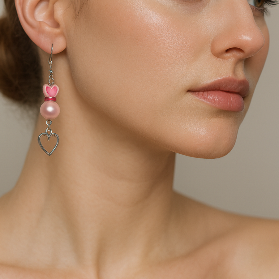 Earrings with pink pearl and silver heart.