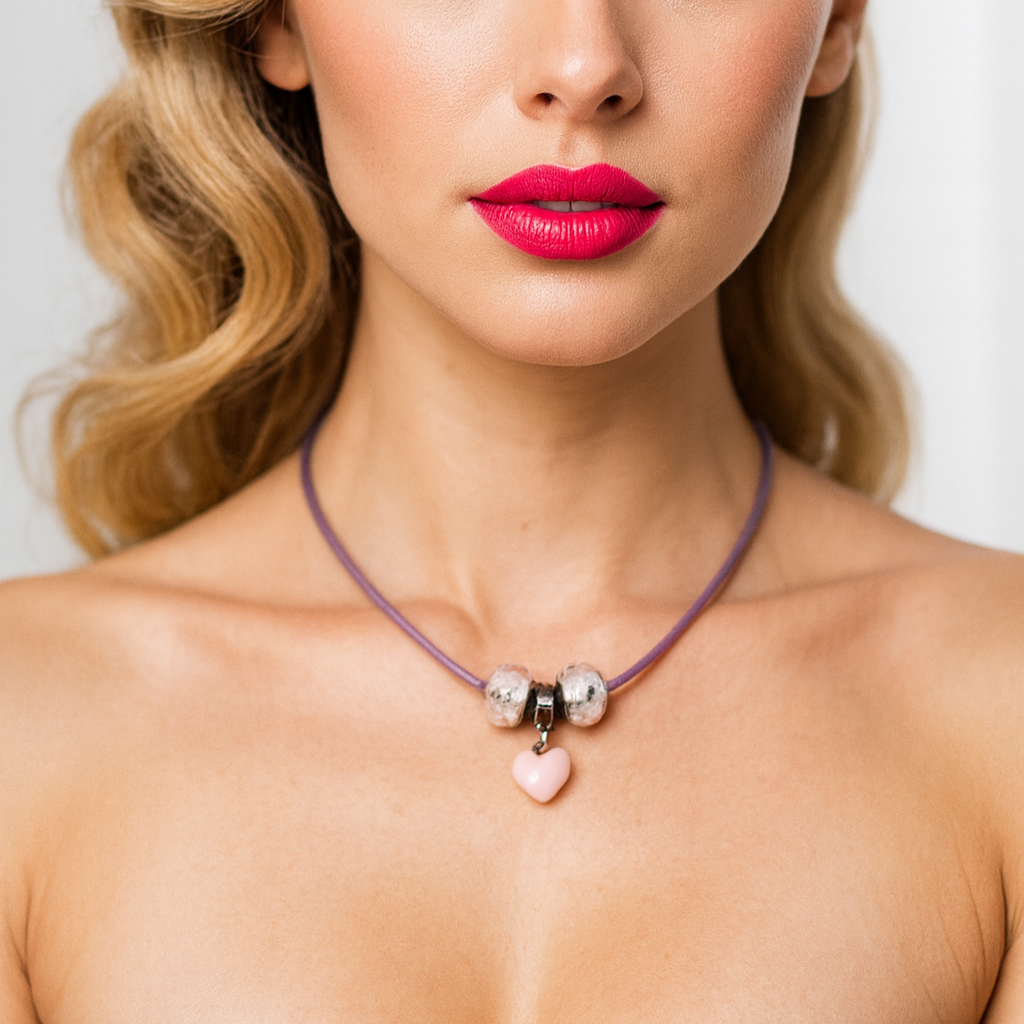 Purple cord necklace with glass pink beads and pink heart pendant.