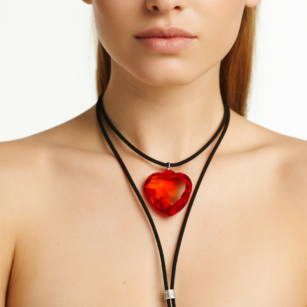 Black suede necklace with a red heart pendant.