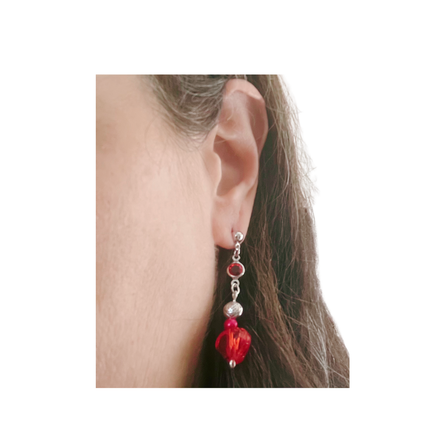 Red heart and silver bead dangling earrings