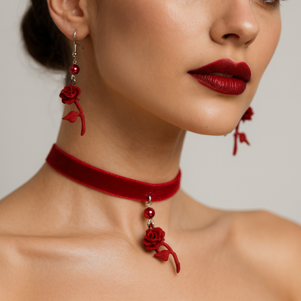 Red rose dangling earrings.
