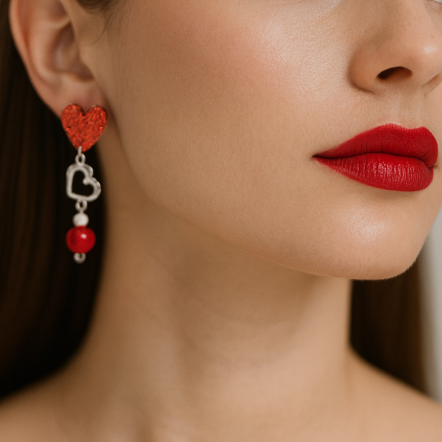 Red heart-shaped earrings.