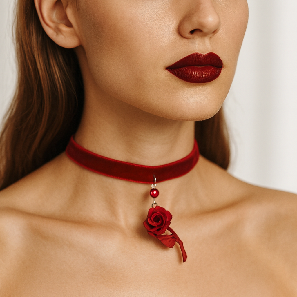 Red velvet choker necklace with a red rose pendant.
