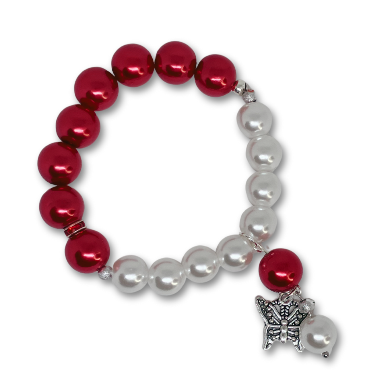 Pearl and red bead bracelet.