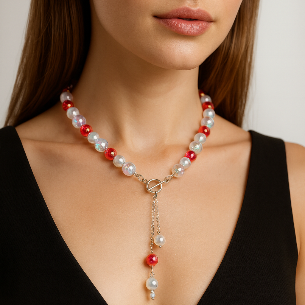 Red and white pearl necklace