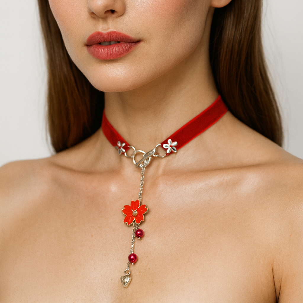 Red velvet choker necklace with floral pendants.
