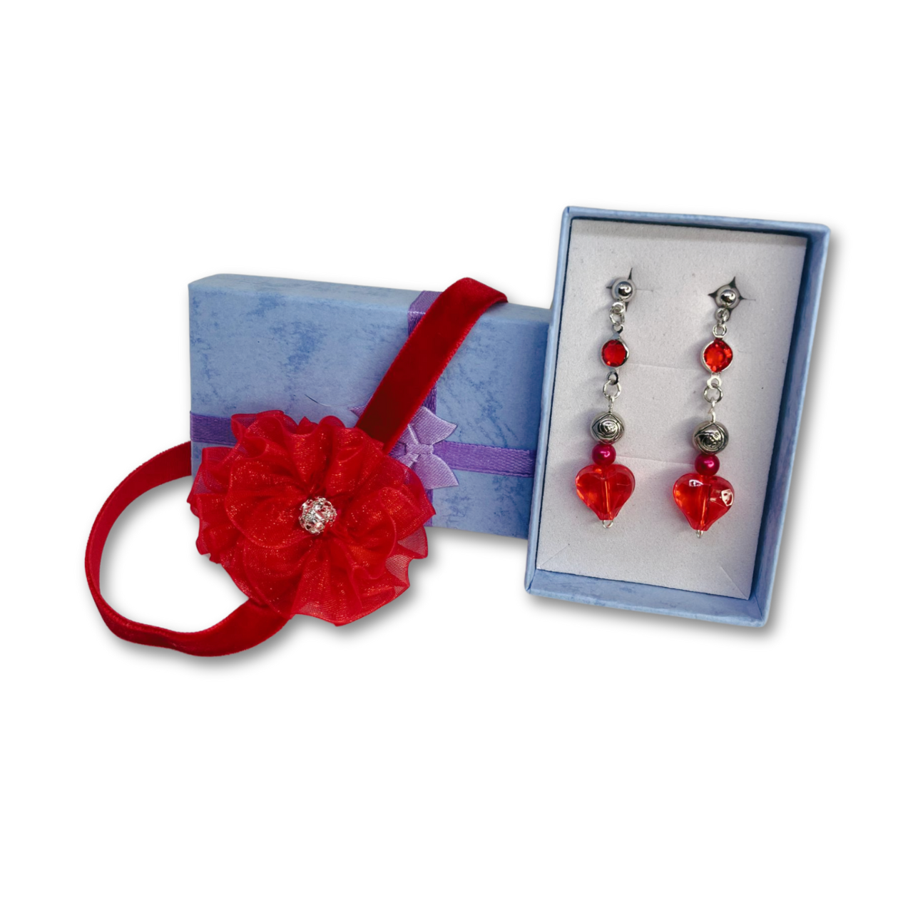 Ruby Romance gift set includes red heart dangling earrings and red velvet flower choker.