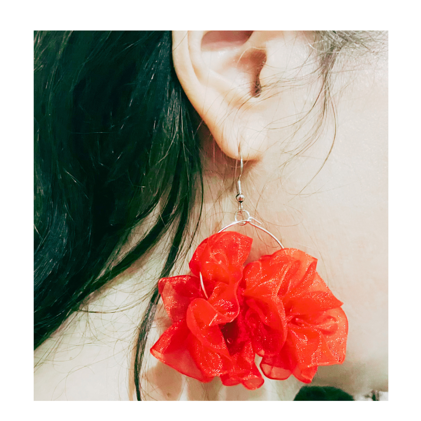 Red organza flower earrings.