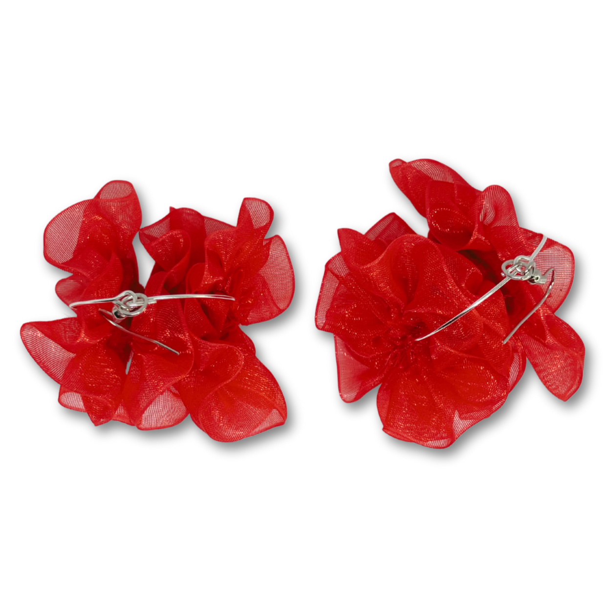 Red organza flower earrings.