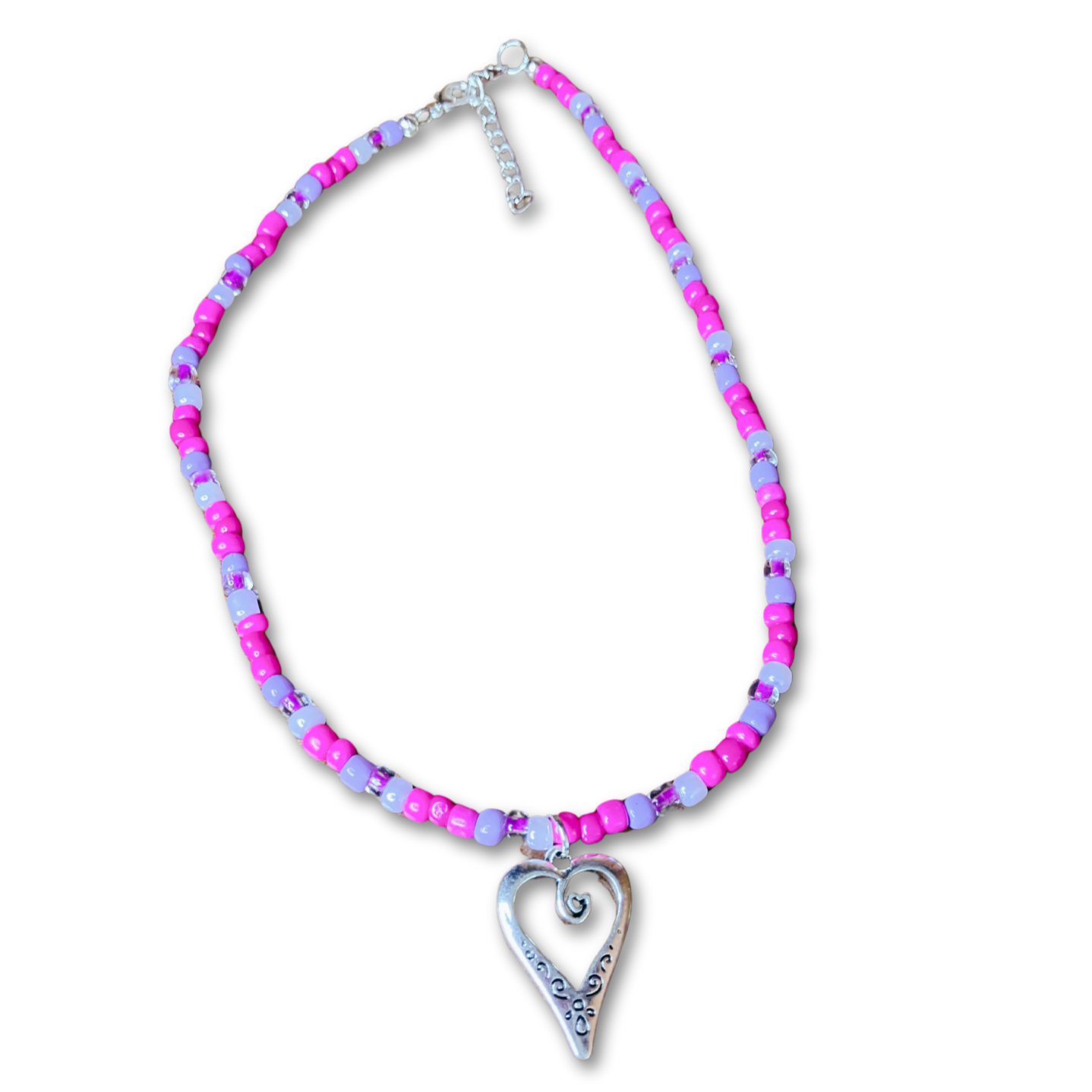 Purple beads necklace with heart pendant.