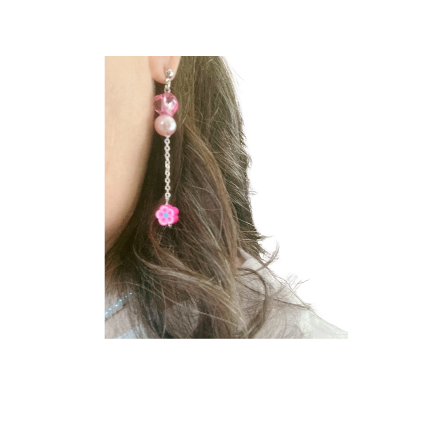 Silver Chain Dangling Earrings with Pink Pearl, Pink Heart and Pink Flower