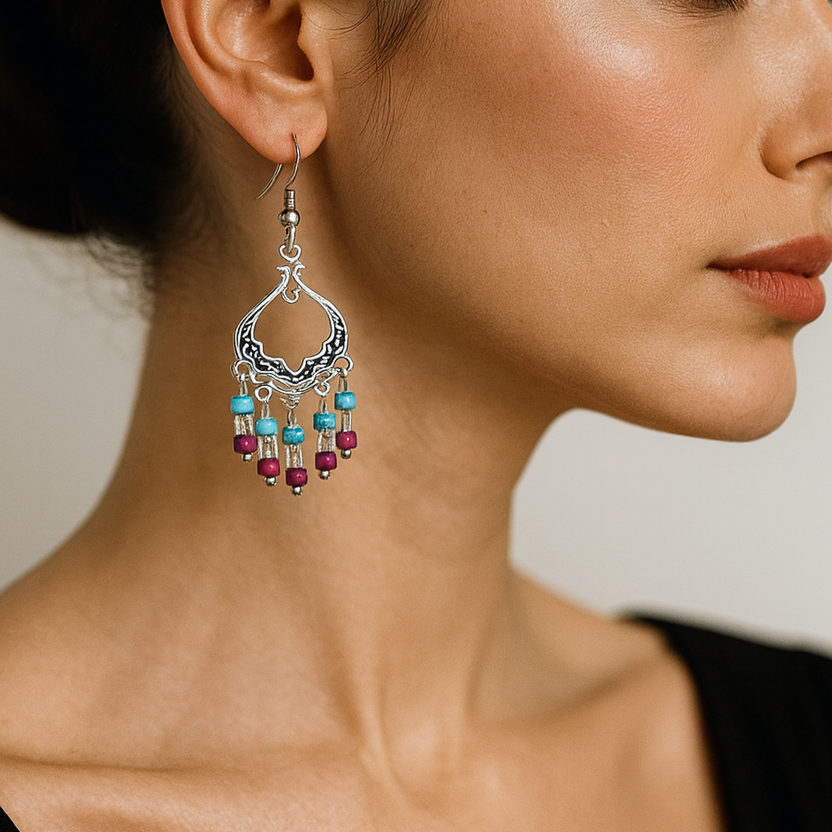 Silver dangling earrings with dark pink and blue beads