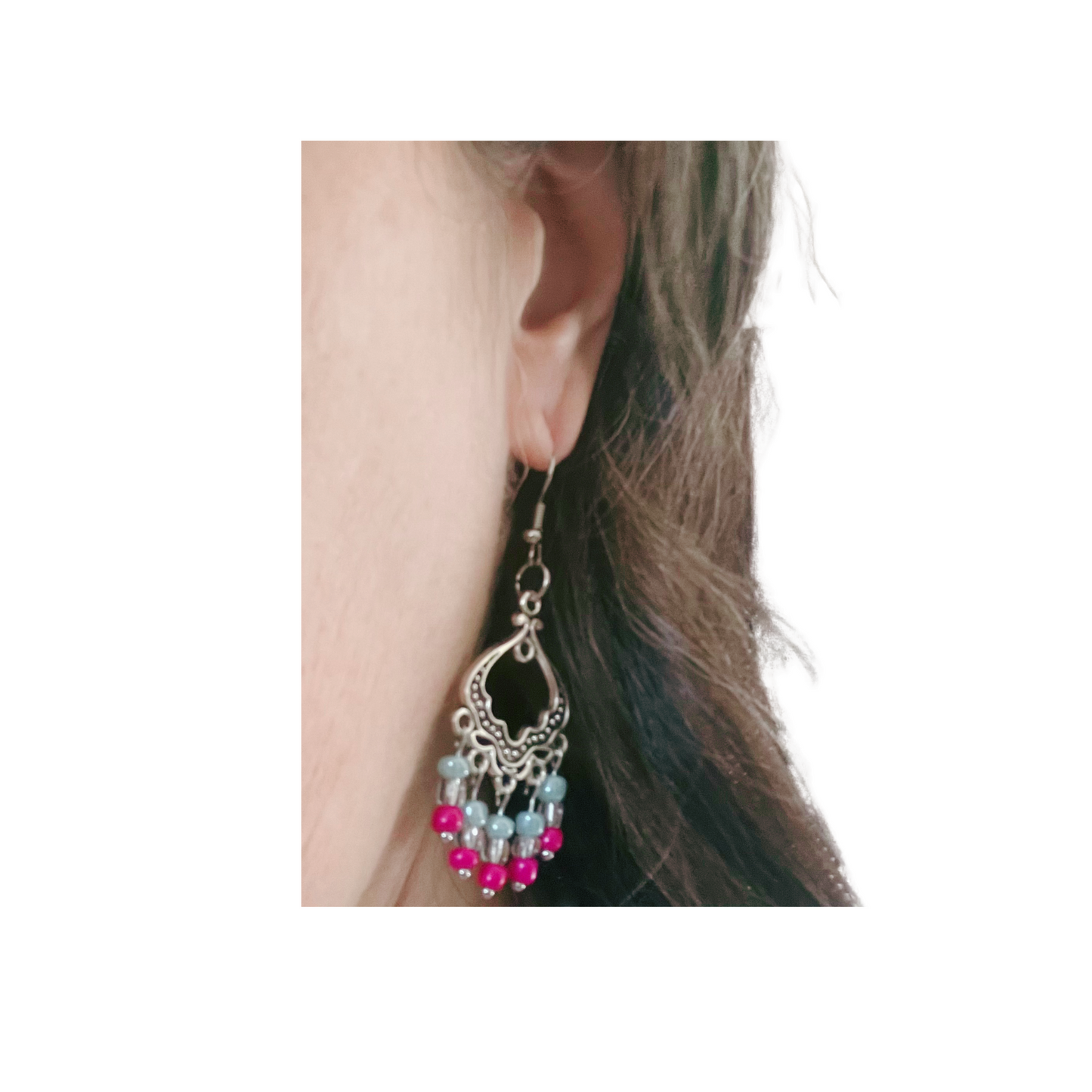 Silver Dangling Earrings with Pink and Blue Beads