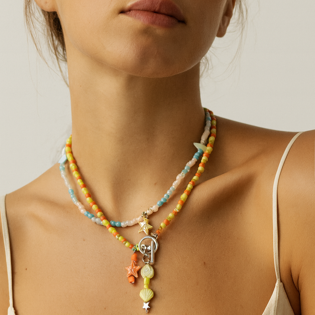 Colorful beaded necklaces, beach themed.