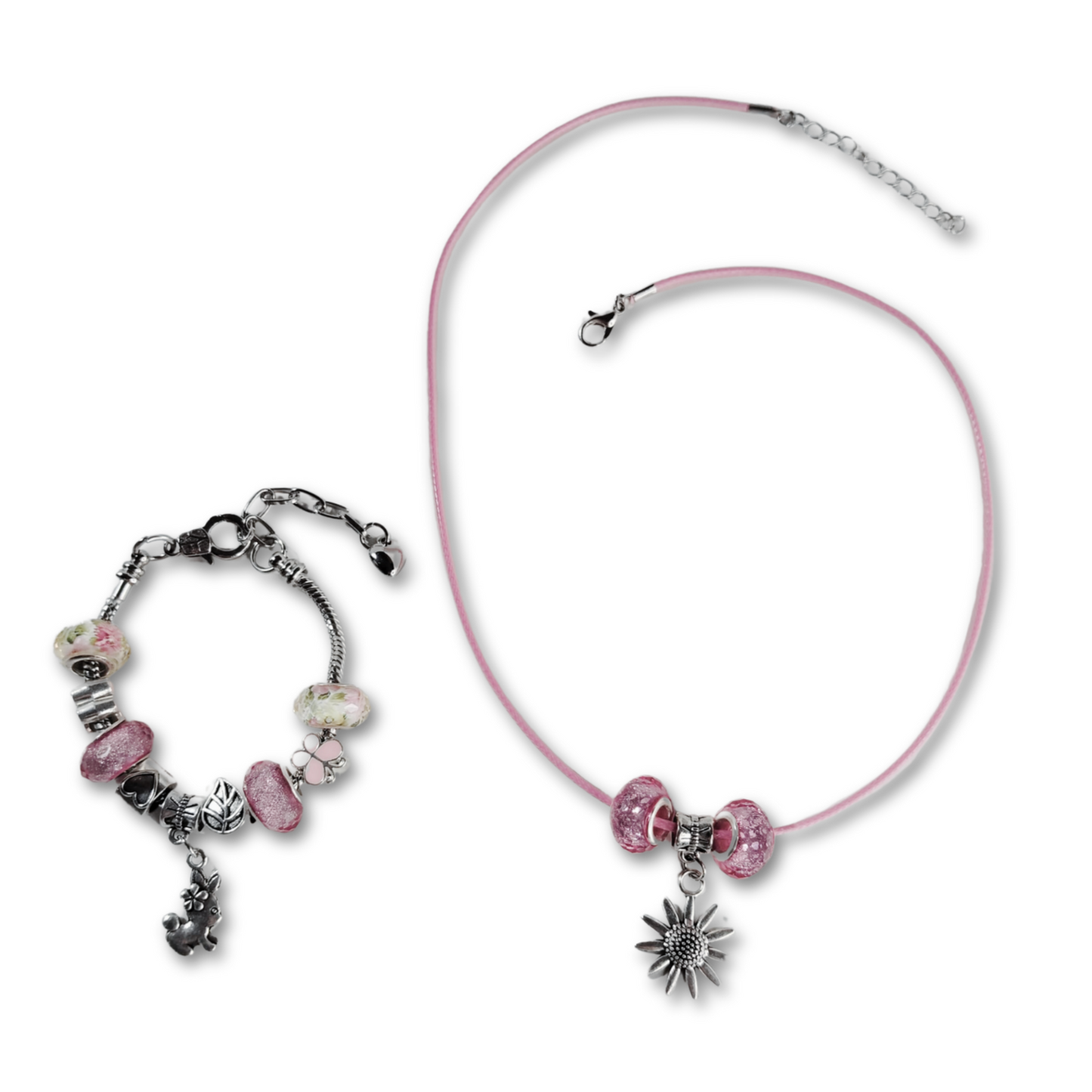 Star necklace with pink beads and matching charm bracelet