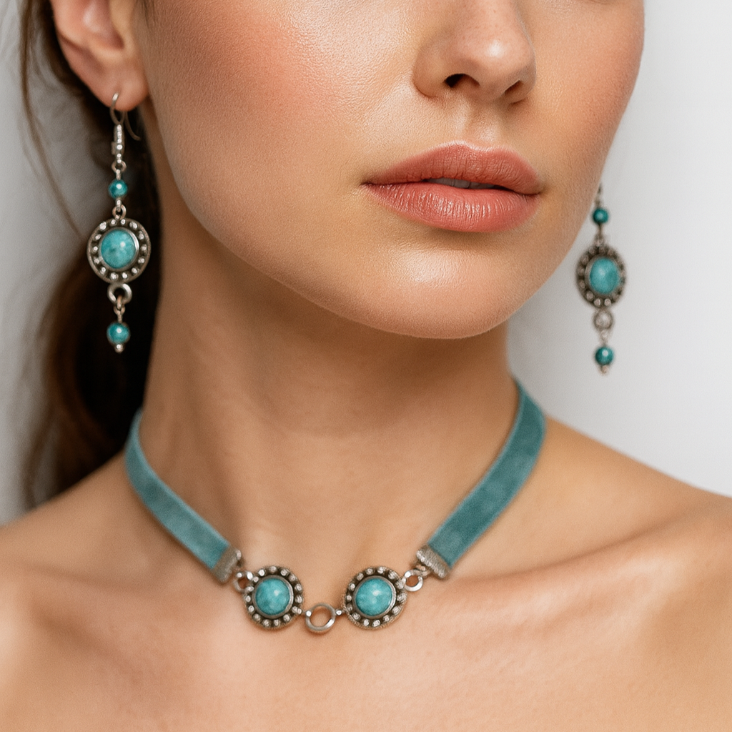 Turquoise beads earrings and a blue velvet choker with turquoise beads