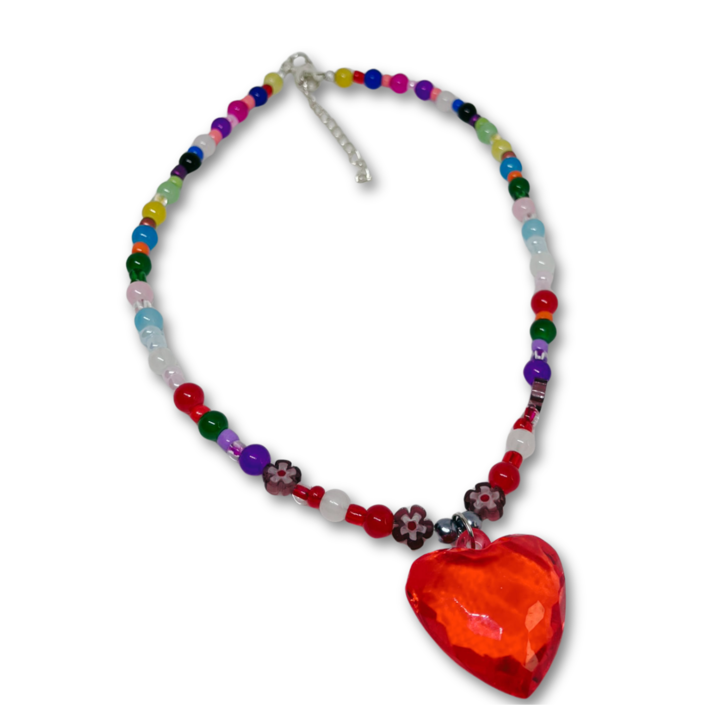 Necklace with a red heart pendant and multicolored beads