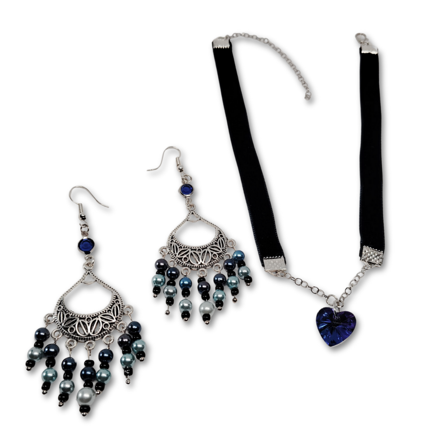 The Everyday Onyx gift set for women featuring Deep Blue Heart Pendant Choker with Silver beaded earrings