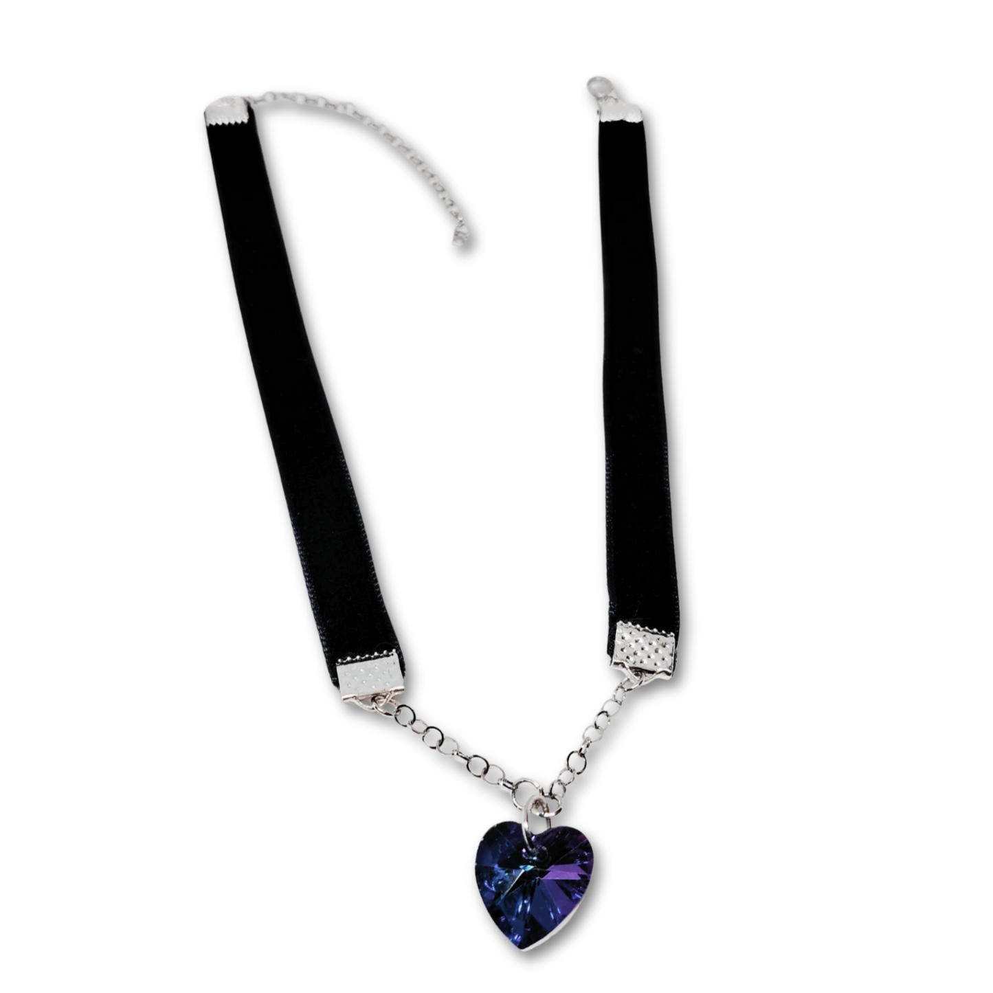 Deep Blue Heart Pendant Velvet Choker with black velvet strap and silver chain
