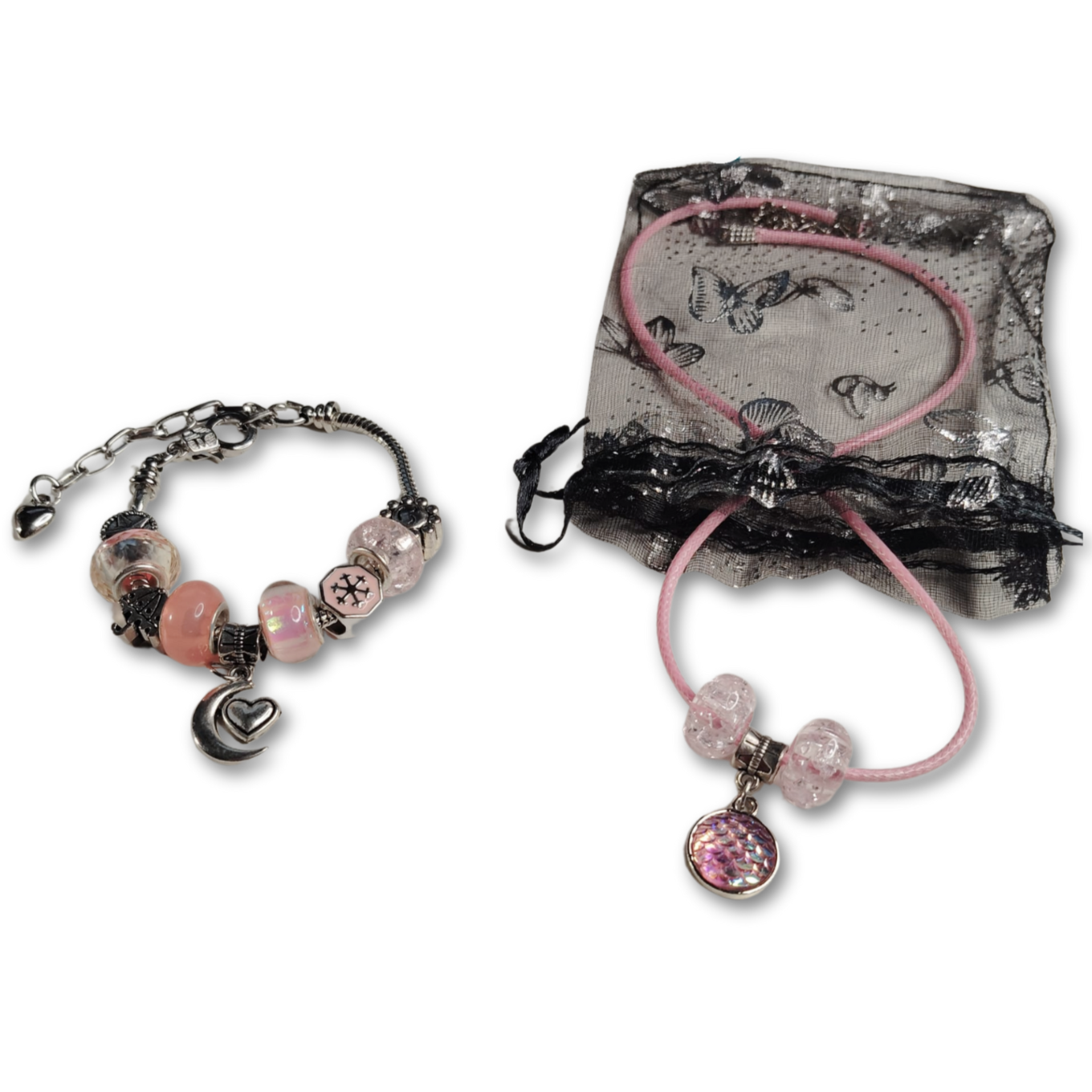 Beautiful pink pendant necklace with pink beads and matching moon heart charm bracelet gifted in an organza bag