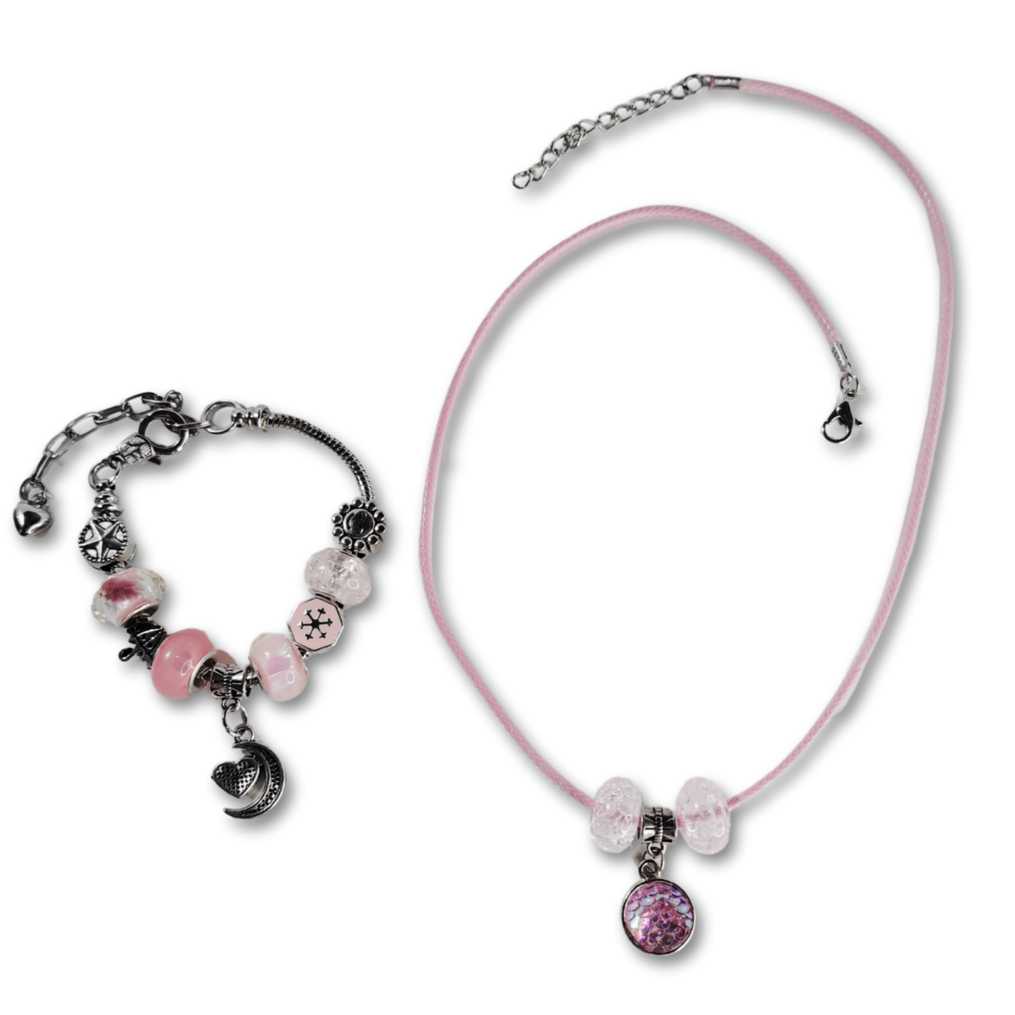 Beautiful pink pendant necklace with pink beads and matching moon heart charm bracelet
