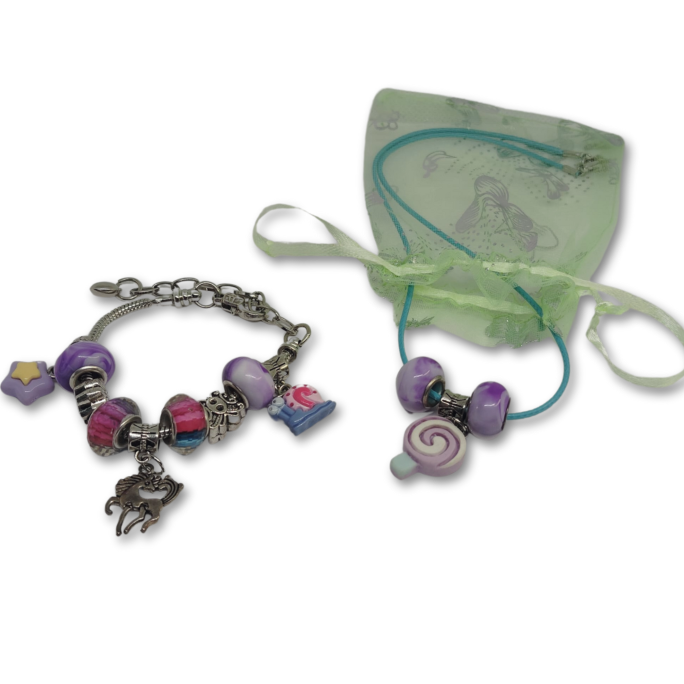 Beautiful candy pendant necklace with purple beads and matching unicorn charm bracelet gifted in an organza bag