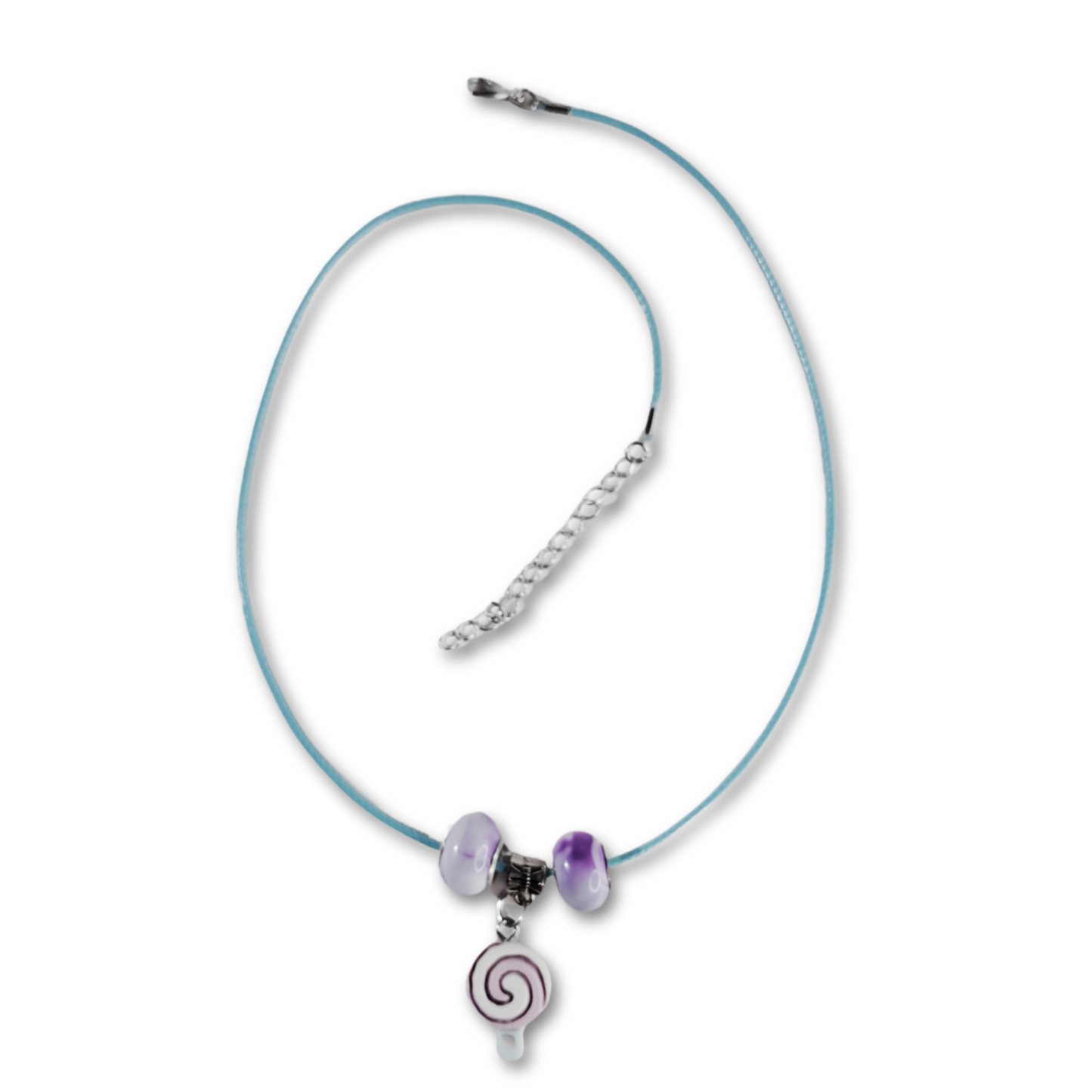 Beautiful swirling candy pendant necklace with purple beads around a blue material chain