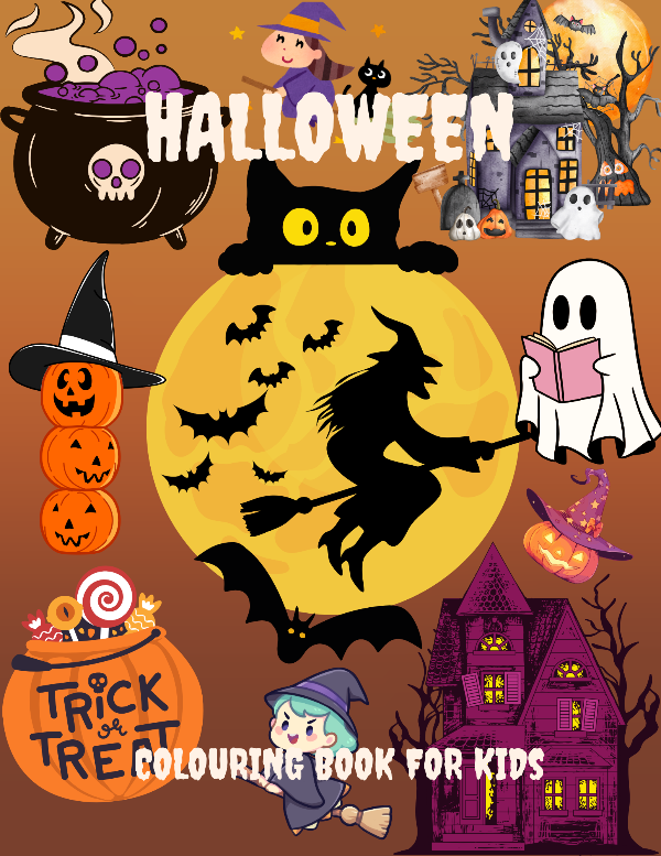 Children's Halloween coloring book orange front cover consisting of ghost, cauldron, spooky pumpkins, haunted house, bats and a flying witch