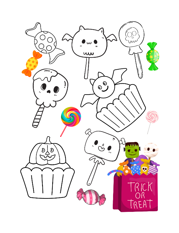 Children's Halloween coloring book sample page of a trick or treat sweets and candy
