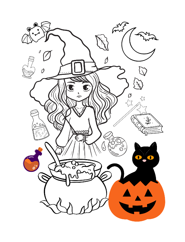 Children's Halloween coloring book sample page of a witch with her cauldron