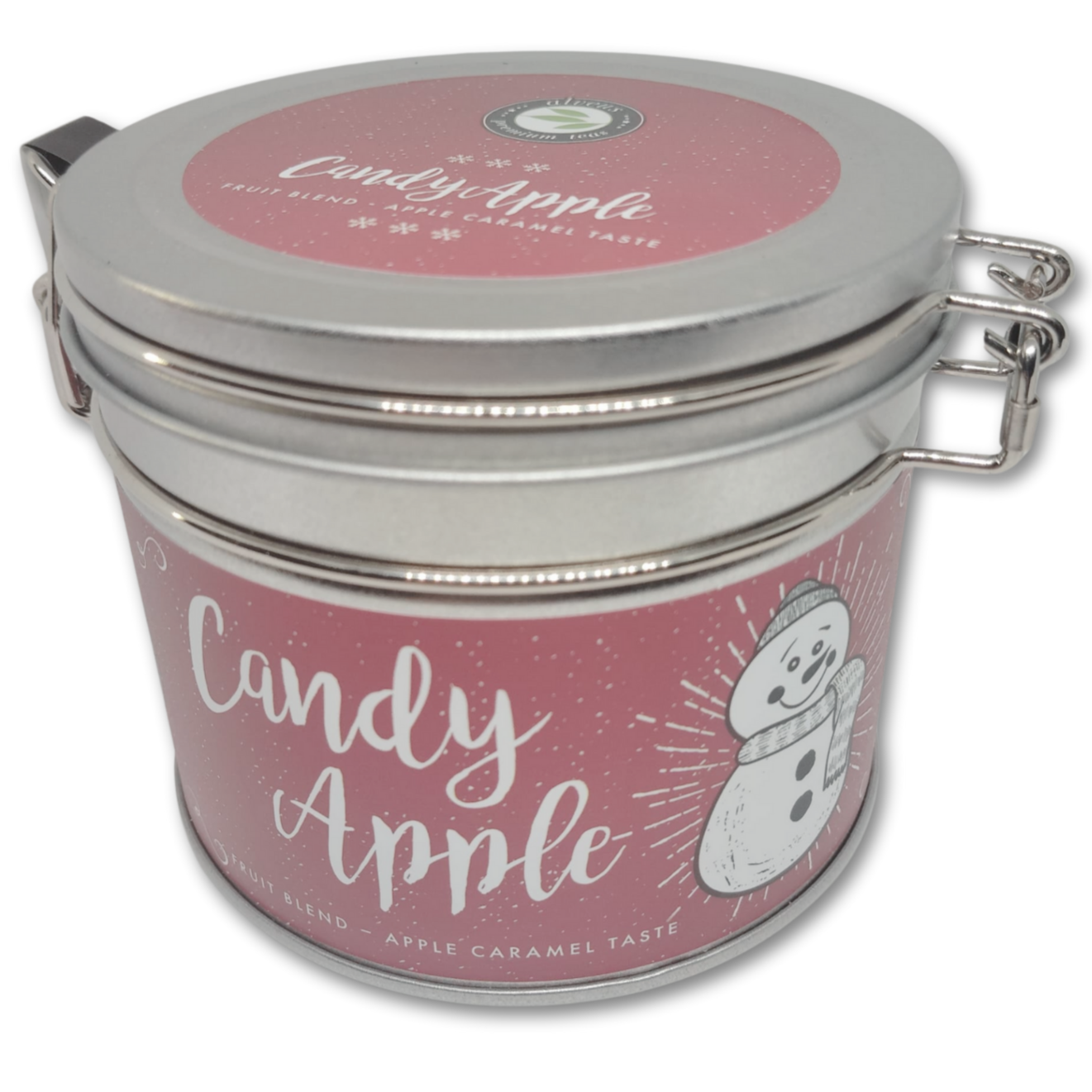A decorated round silver tin containing Christmas Candy Apple tea.