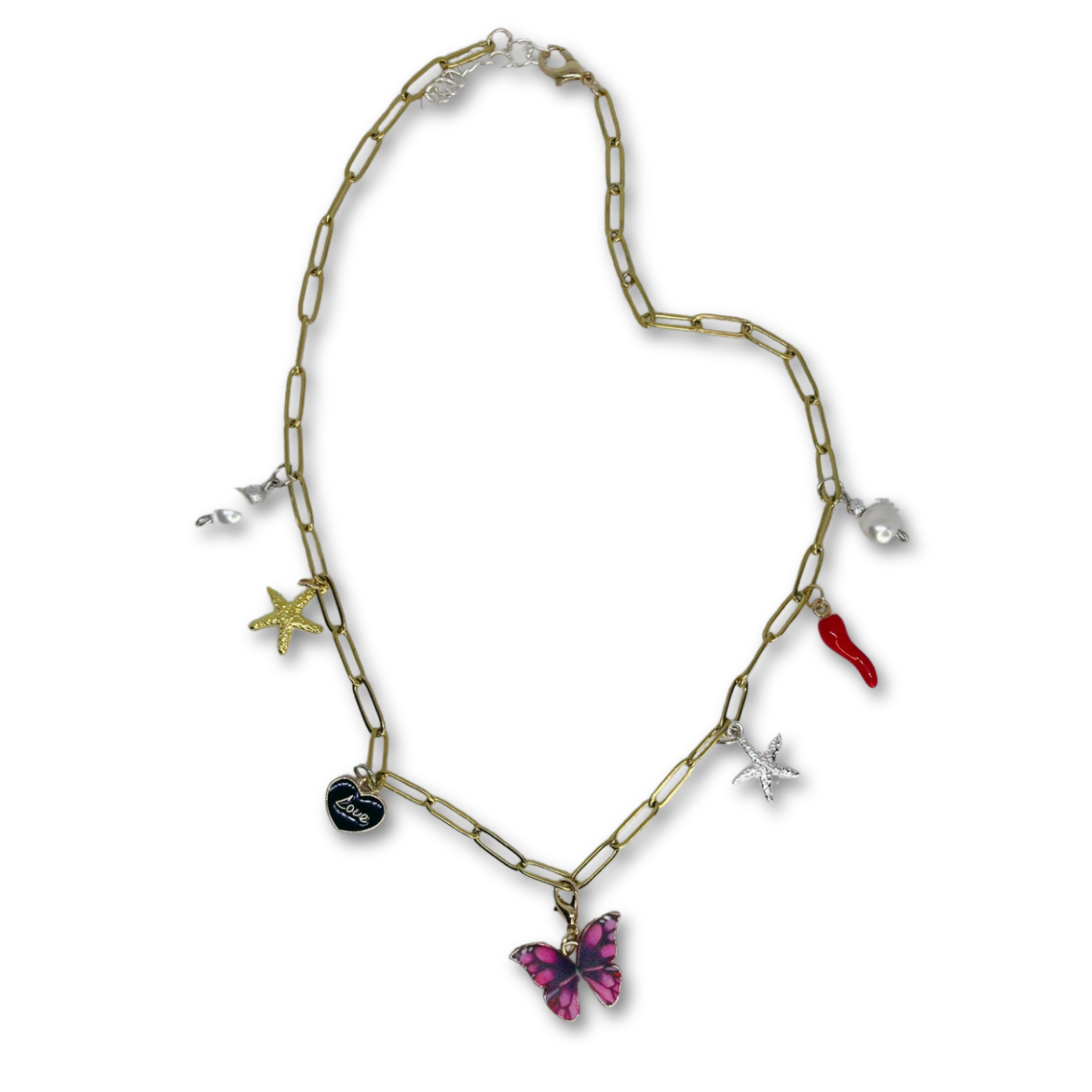 Imitation gold chain with charms.