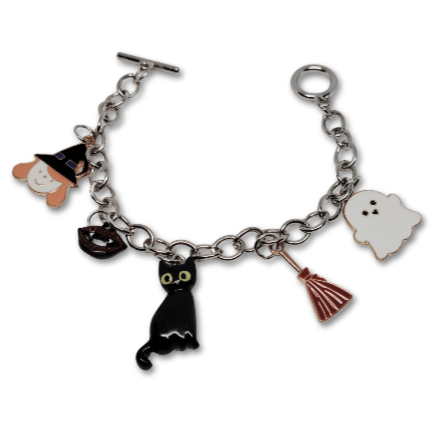 Halloween Batty for Baubles Bracelet consisting of a variety of pendants of a witch, cat, vampire teeth, flying broom and a happy ghost