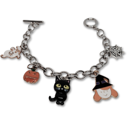 Halloween Pumpkin Perfection bracelet consisting of a variety of pendants of a spooky ghost, cat, dead pumpkin, happy witch and a spider