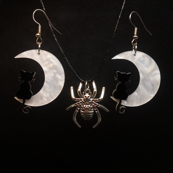 Moonlit cat earrings with widow's whisper spider necklace