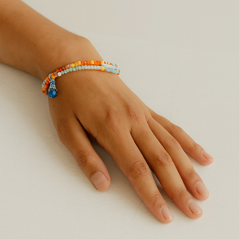 Colorful beach themed beaded bracelets.