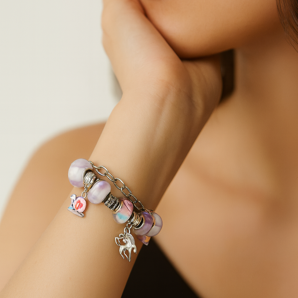 Unicorn charm bracelet with silver chain and colorful beads
