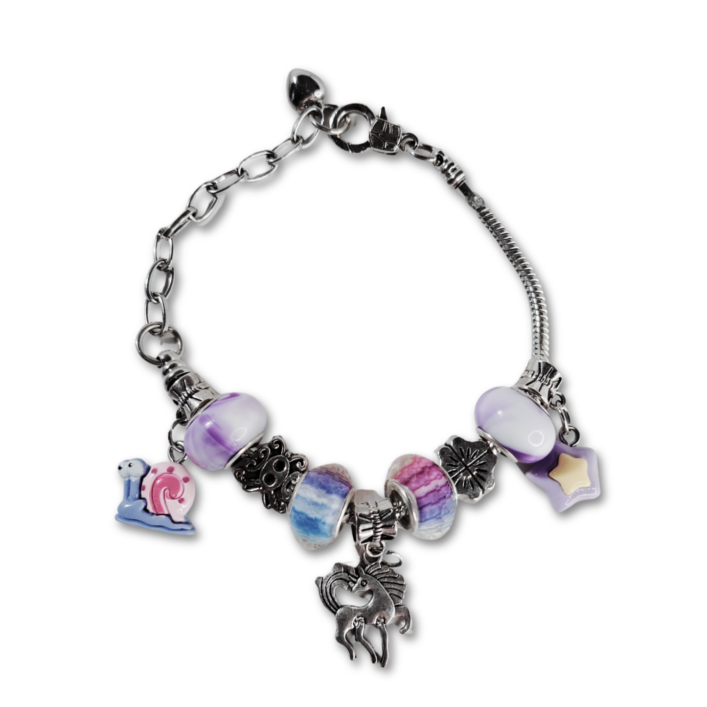 Unicorn charm bracelet with silver chain and colorful beads