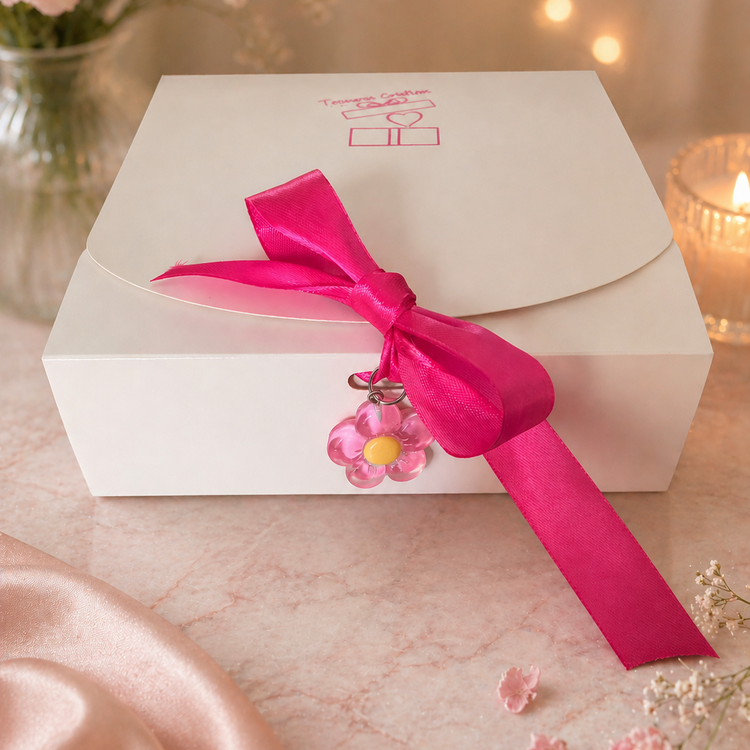 White gift box with a pink ribbon 