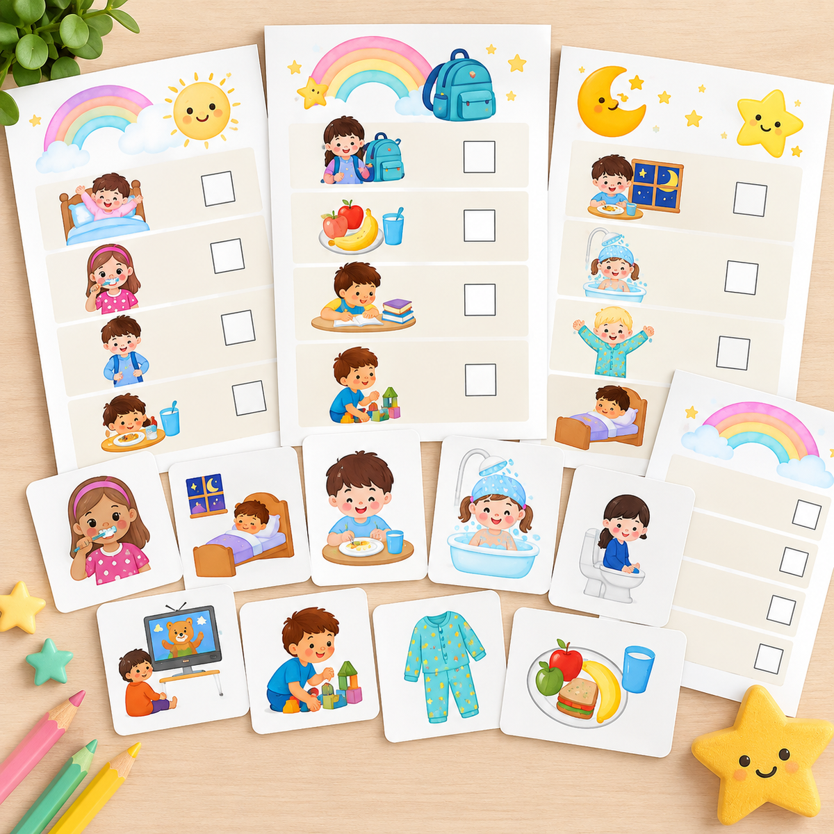 Kit de Rotina Diária Infantil | Quadros e Cartões para Imprimir | Português + Inglês