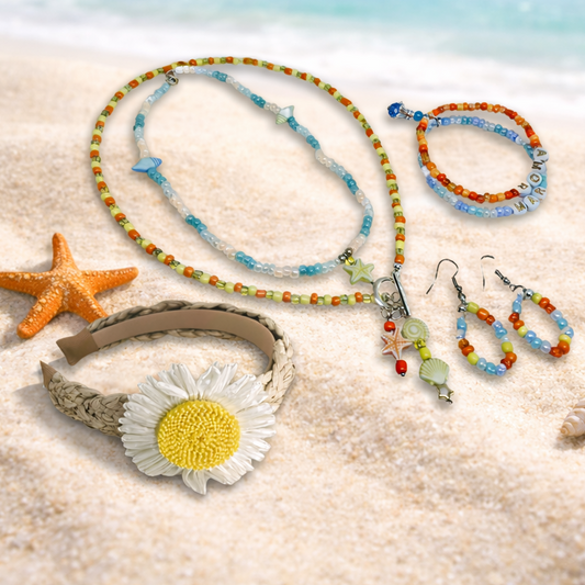 This set consists of two glass beads necklace, two bracelets, matching loop earrings, headband and gift box.
