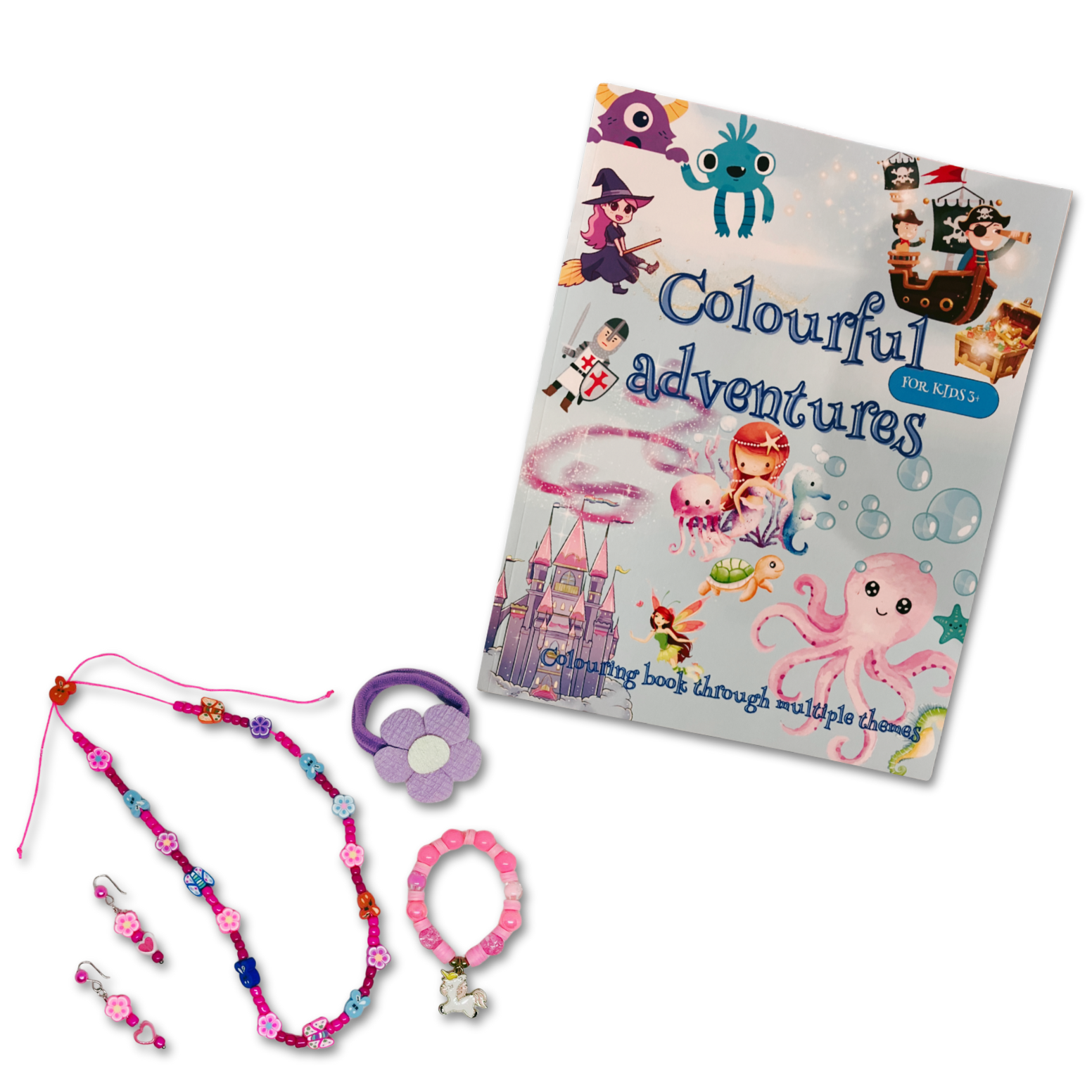 Fantasy Coloring Book, Pirate and Princess Adventures, creative play for children, kids hair accessory, bead necklace matching earrings.