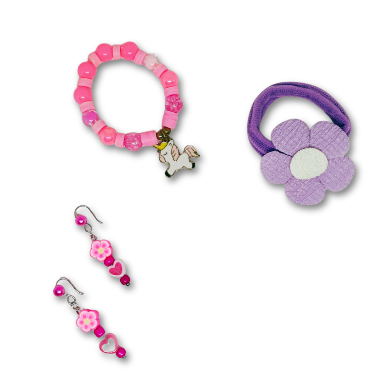 Bead bracelet with charm, flower elastic for hair, pink earrings.