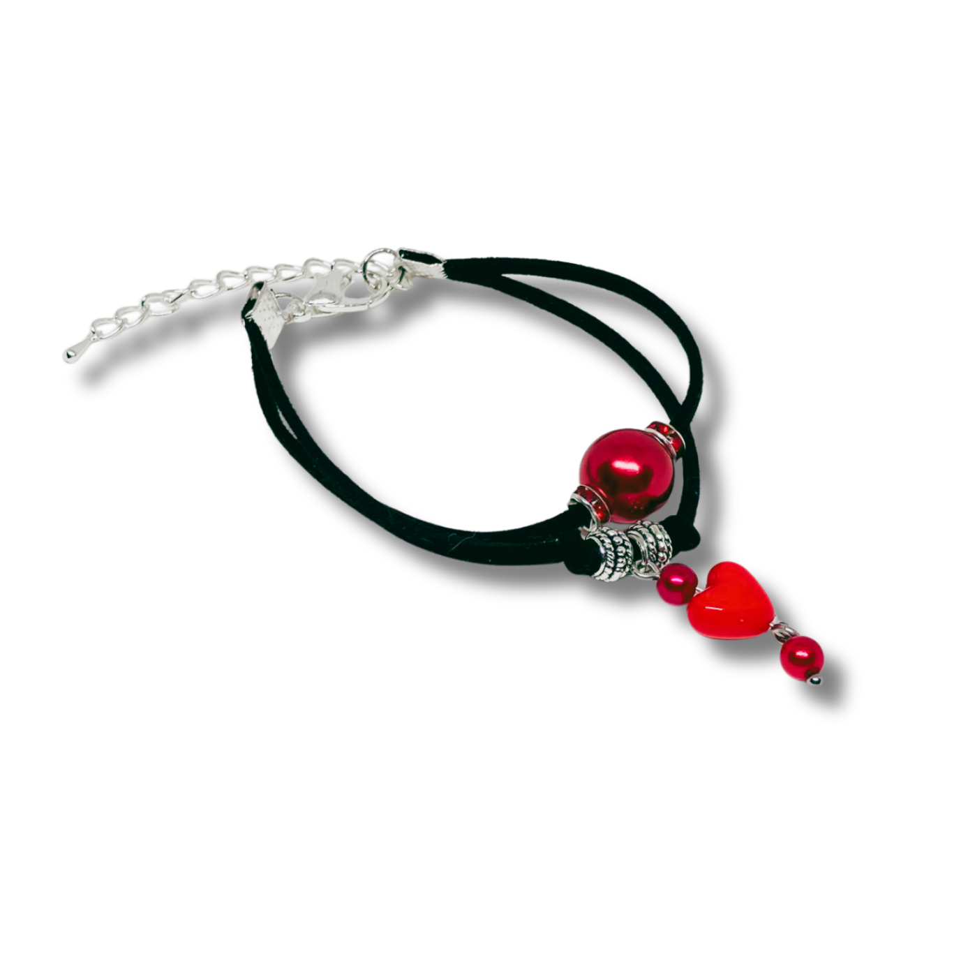 Black suede cord bracelet with red beads and heart