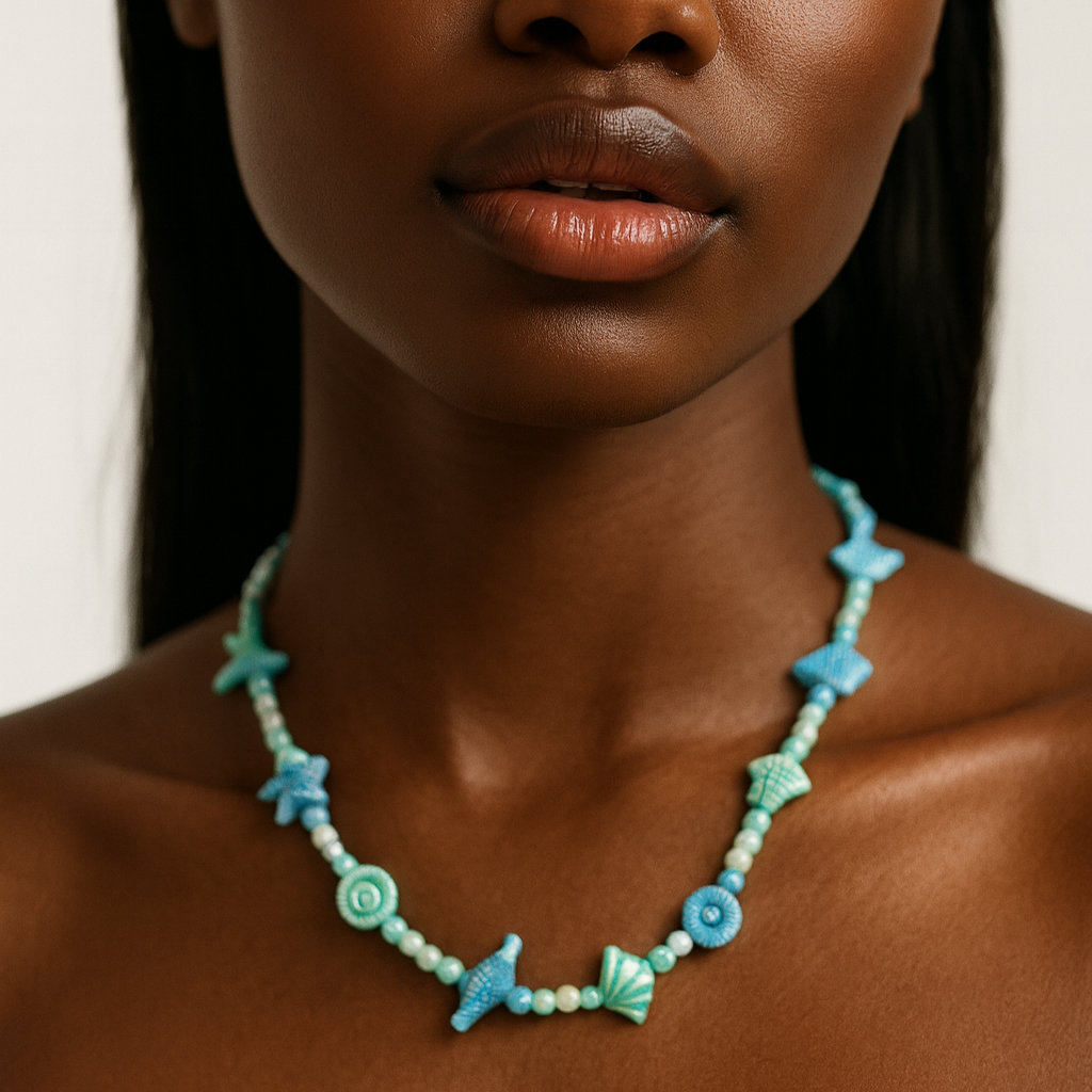 Blue beaded necklace.