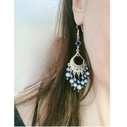 Blue bleads silver dangling earrings.