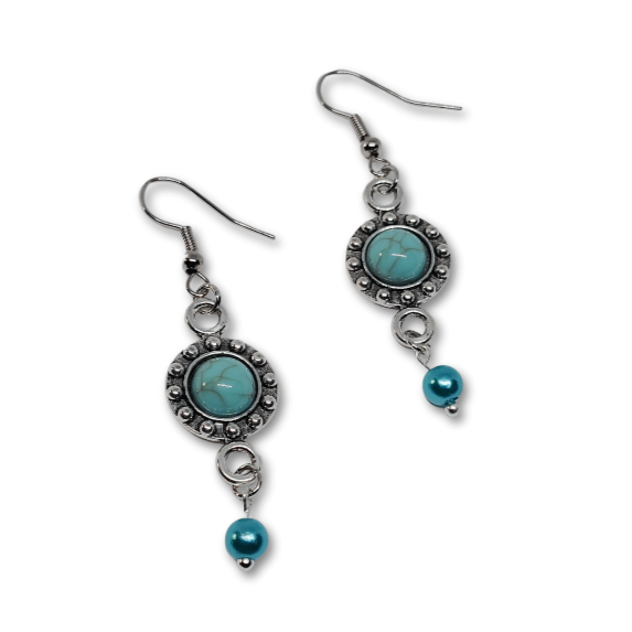 Dangling earrings, blue and turquoise beads.