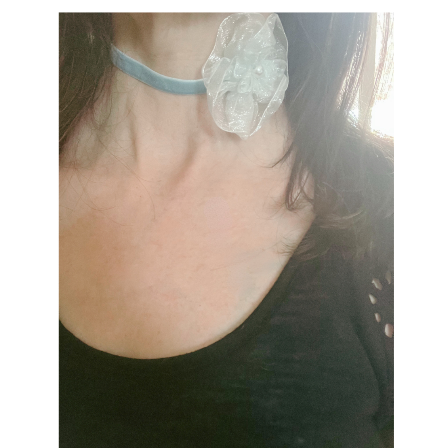 Light blue velvet choker with organza flower.