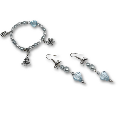 Silver beaded bracelet with snowflake and Christmas tree charms with beaded ice crystal earring.